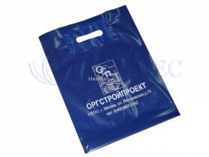 Печать логотипа серебром на синих ПВД пакетах